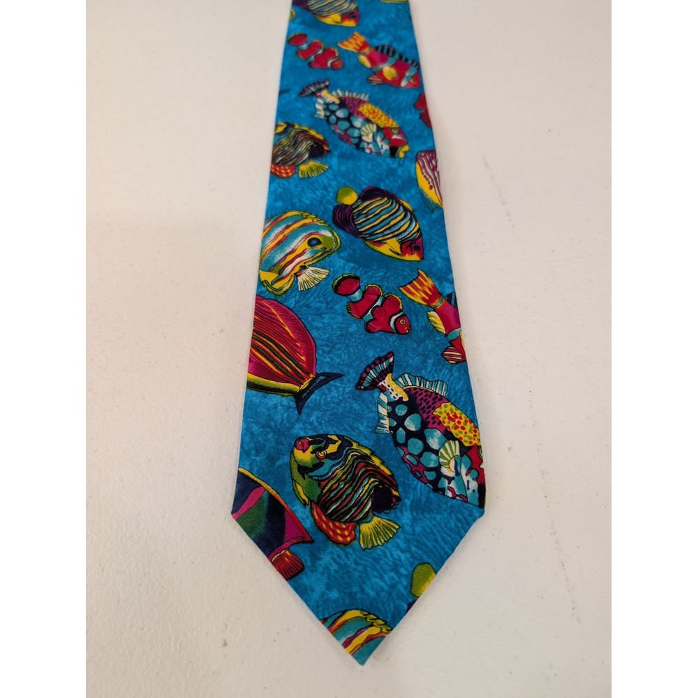 Tango by Max Raab Necktie Men's Cotton Blue Multicolor Fish‎ Print Novelty 56"